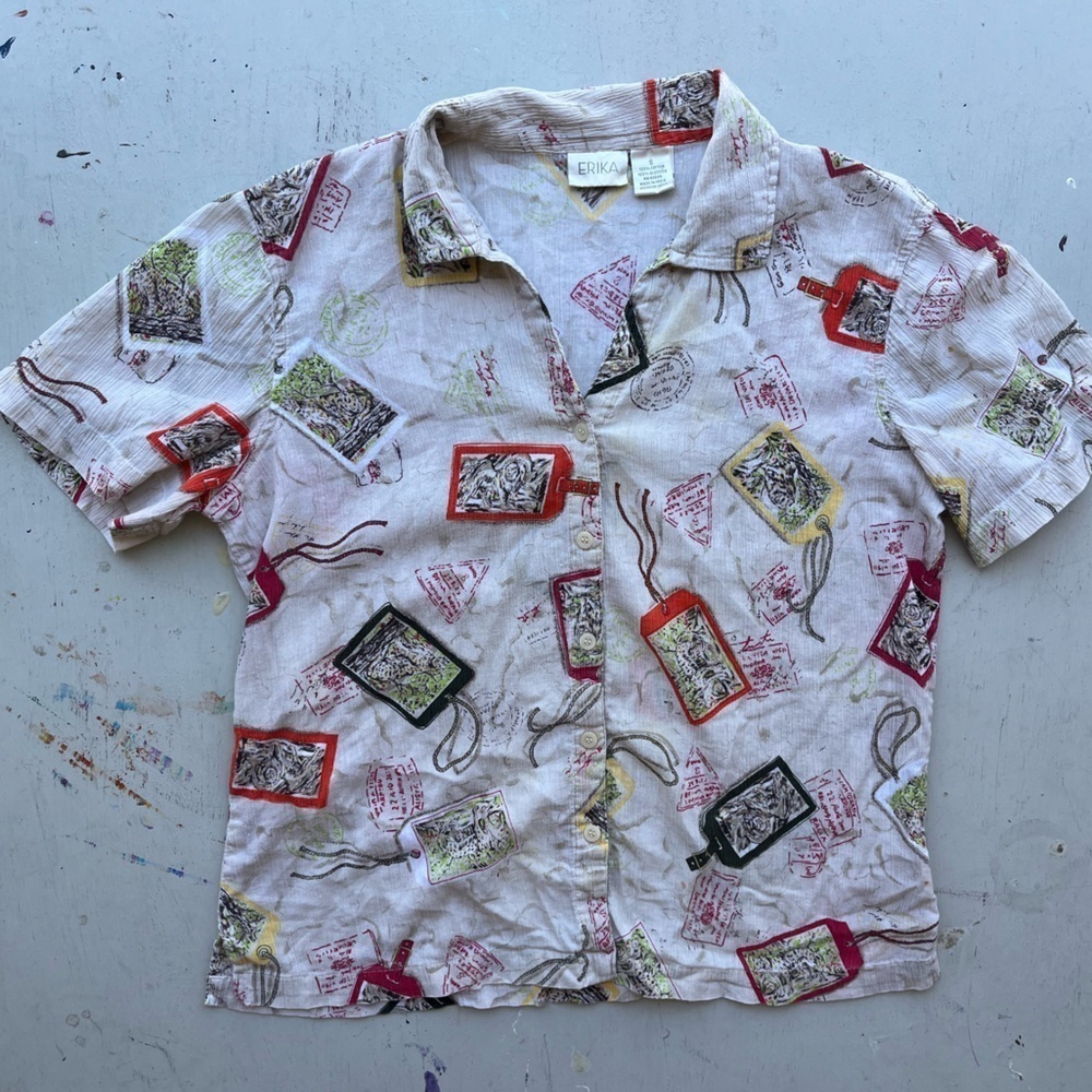 Women's Vintage Erika Shirt Multicolor Postcard S TIKI Tropical Art Beach Light